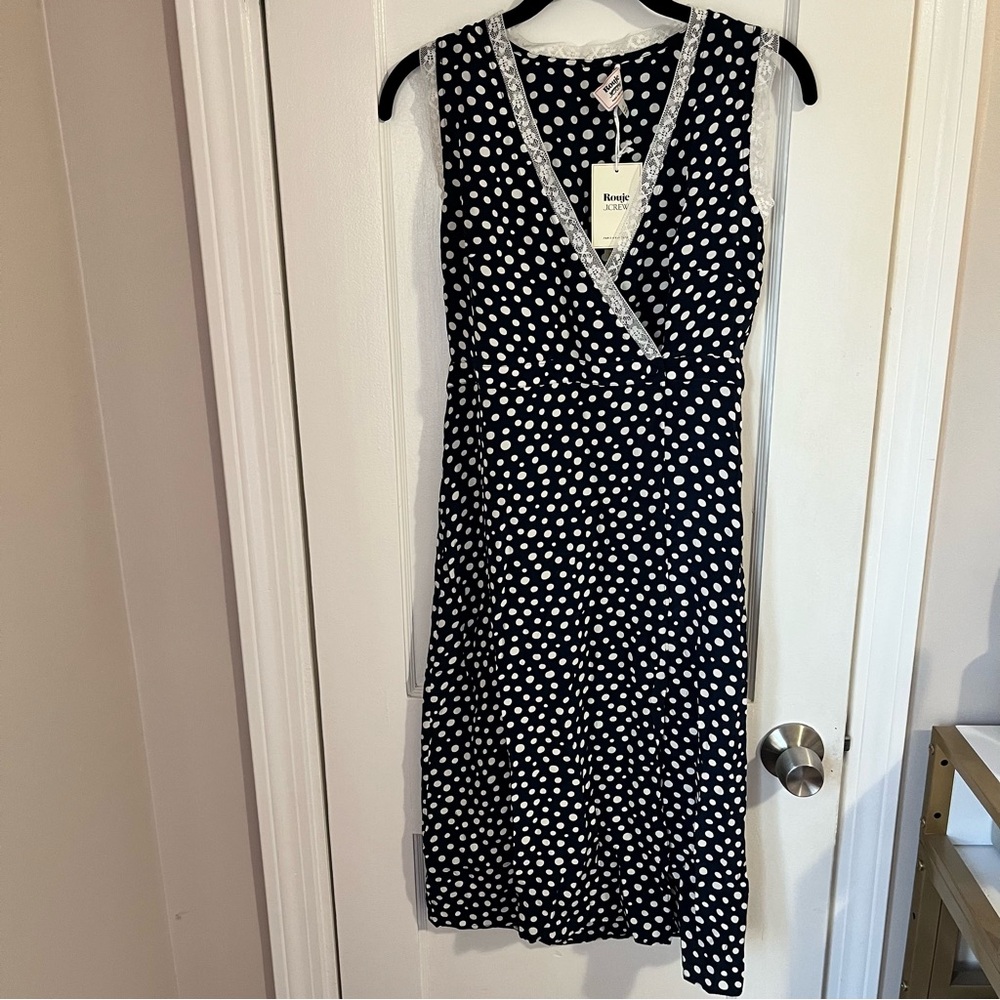 NWT Rouje x J. Crew Rencard navy and White Polka Dot Midi Wrap Dress - Picture 5 of 8